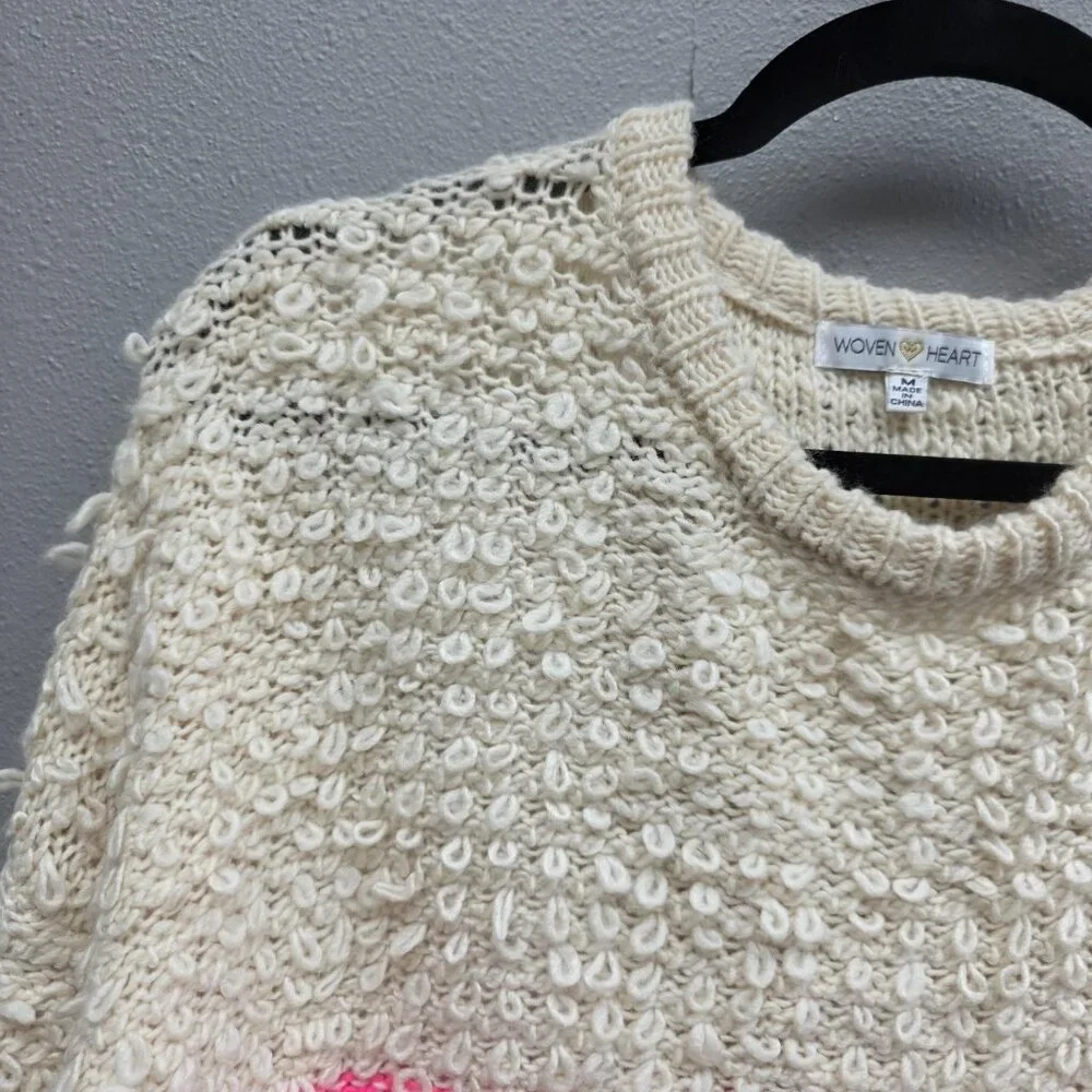 Woven Heart Sweater Womens Medium Cream Pink Red Colorblock Boucle Loop Knit - Picture 2 of 9